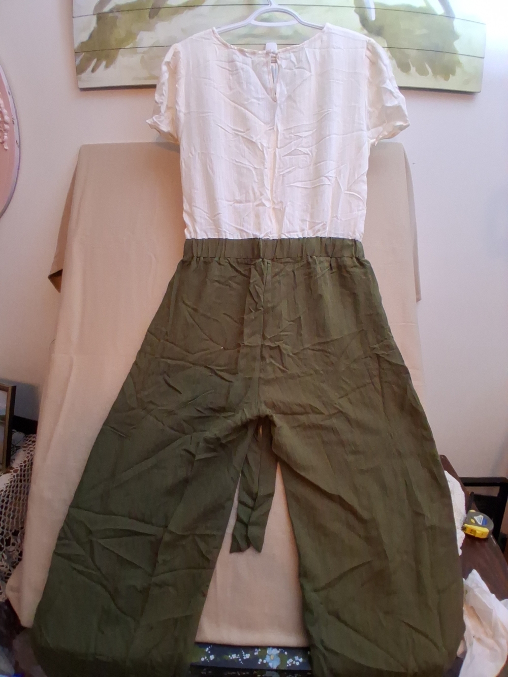 Blu Pepper Two-Tone Short Sleeve Jumpsuit in White and Olive